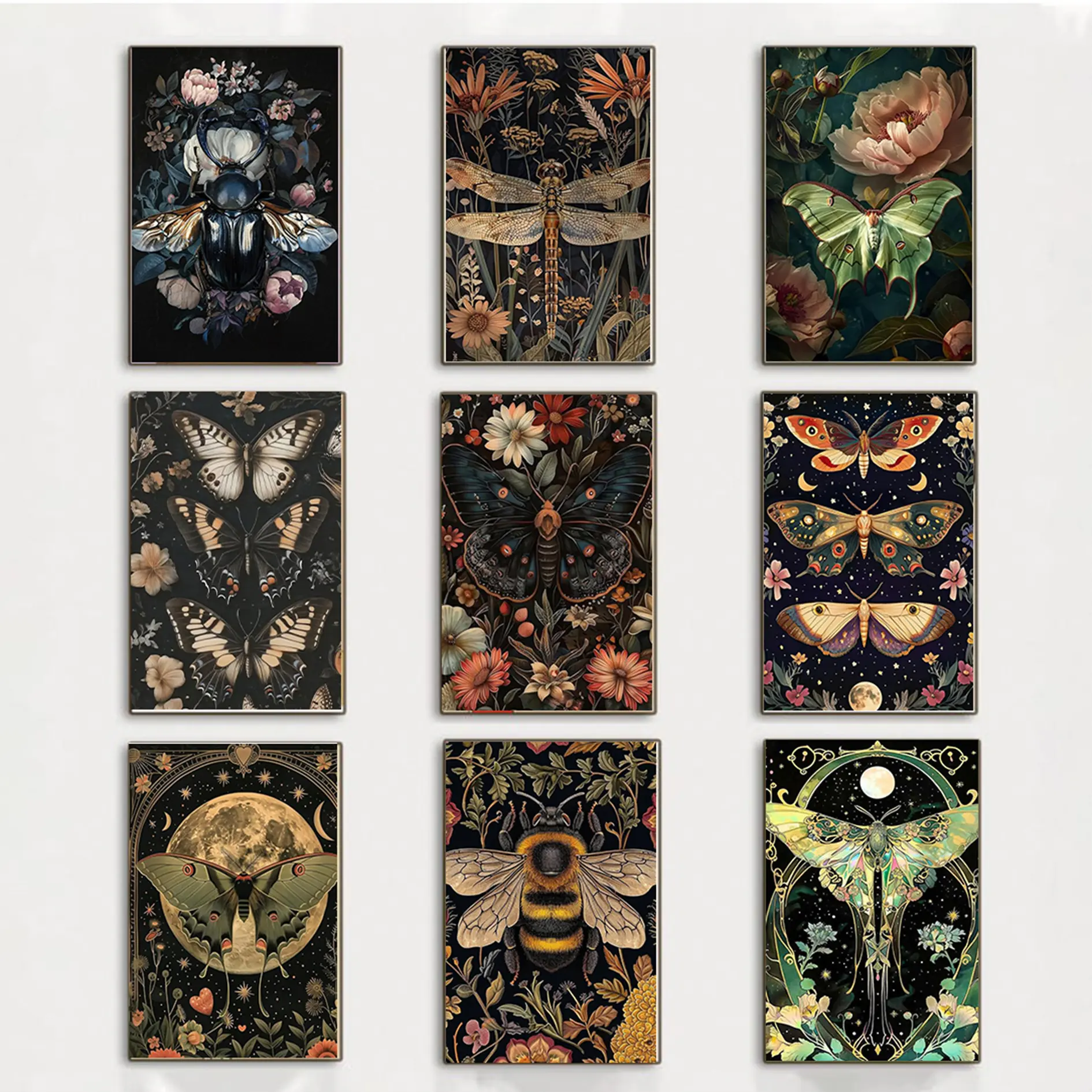 Moody Moth Artistic Canvas Print, Dark Butterfly Gothic Insect-Flower Moon Academia Wall Art, Vintage Nature Aesthetic Poster, Gothic Home Decoration for Animal Lovers