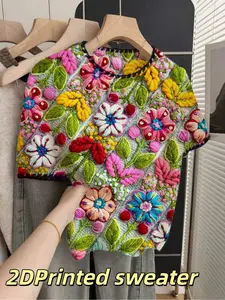 1 piece + French retro loose crew neck elegant short-sleeve contrast trim beige women's knitted top with colorful floral prints, spring and summer top, summer casual women's wear, white top, casual top, knitted, Knitwear