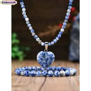 Boho Vintage Sodalite Necklace Bracelet Set, Heart Charm Beaded Crystal Jewelry for Women, Healing Gemstone Fashion Accessories, Festival Vacation Gift for Her
