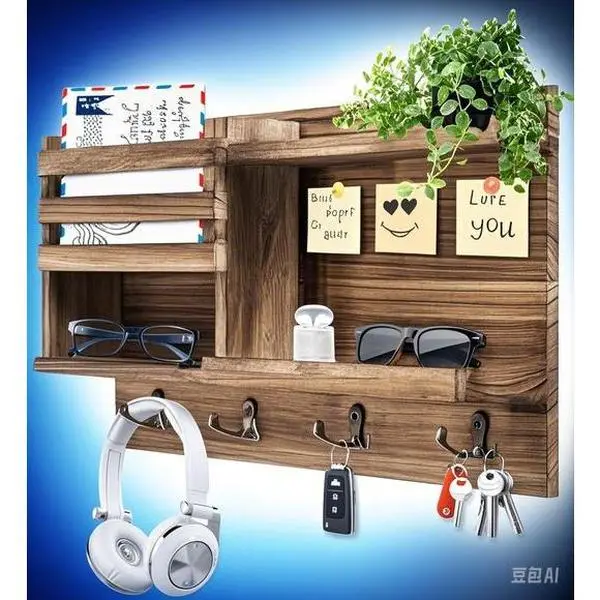 Burnt Brown Solid Wood Wall-Mount Decorative Hollow Shelves & Hanging Storage Hooks Set (8 Hooks) - Multi-Use Self-Adhesive/Drill Installation Lightweight Entryway Storage for Keys & Mail, Rustic Home Decor for Hallway Farmhouse Bedroom