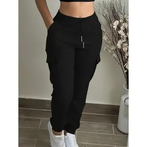 Women's Black Cargo Pants with Elastic Drawstring Waist, Multiple Pockets, Regular Fit, Casual Workwear Style, All-Season Wear