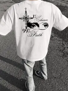 Dark Style 1% Chance 99% Faith Slogan T-Shirt, Men's American Hip-Hop Oversize Loose Short Sleeve, Trendy Cross Top