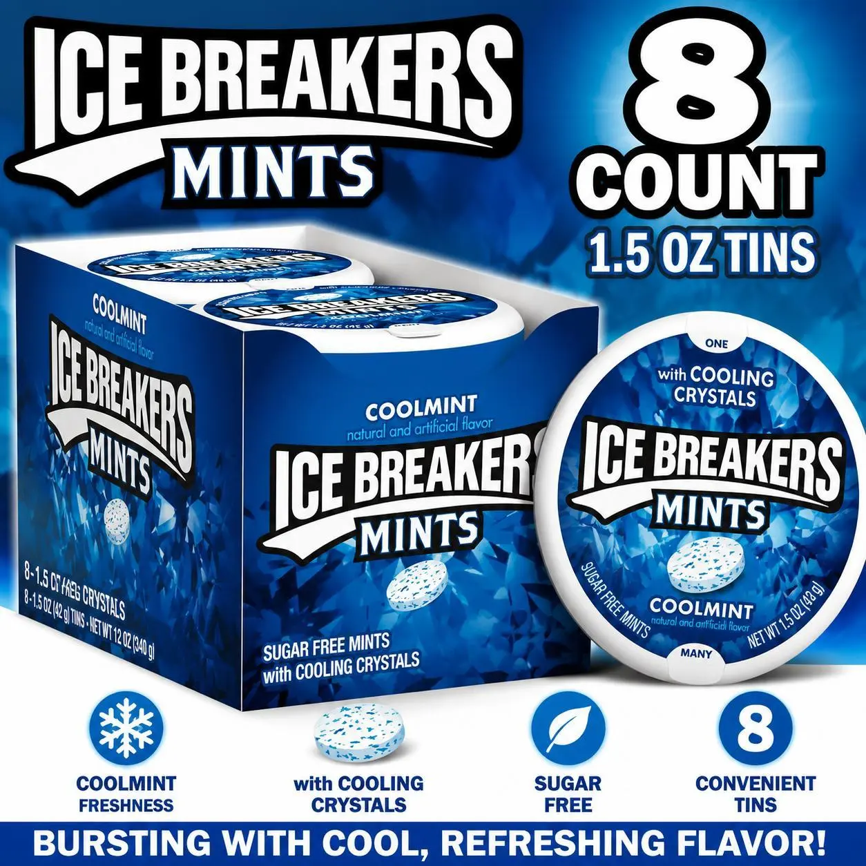 Ice Breakers Coolmint Sugar-Free Breath Mints - 1.5oz, 8 Tins, Boiled Hard Sweets, Adult Snacks for Everyday Freshness