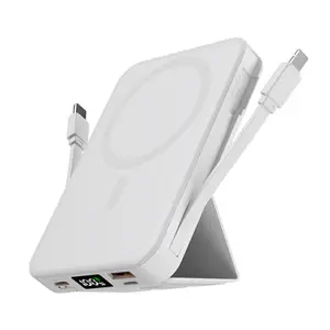 Father’s Day Gift｜10000mAh MagSafe Magnetic Wireless Power Bank, Built-in USB-C Cord, LED Digital Display & Foldable Stand, Compact Silicone Portable Charger, Fits iPhone 12-17 Pro/Pro Max, Direct Attach for Bare Phone/MagSafe Case