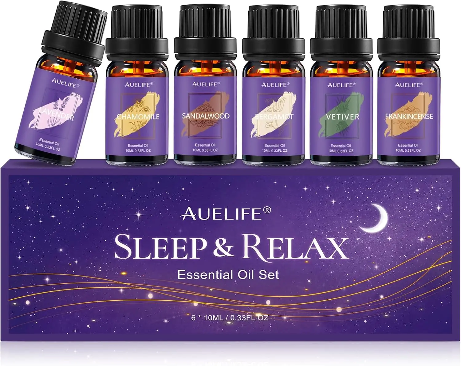 Auelife Therapeutic Sleep & Relax Essential Oils Set - 6x10ml Glass Bottles, Home Fragrance Scent Aroma Blends for Diffusers, Candle & Soap Making (Lavender, Chamomile, Sandalwood, Bergamot, Vetiver, Frankincense)