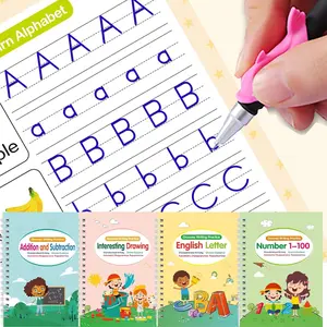 4 Counts/set Exercise Book with Pen, Reusable Writing Book with Groove, Writing Practice, Tracking Alphanumeric, School Supplies Educational Learning Tools， 1 Pen & 10 Refills & 1 RandomColor Pen Grip Includes Pen