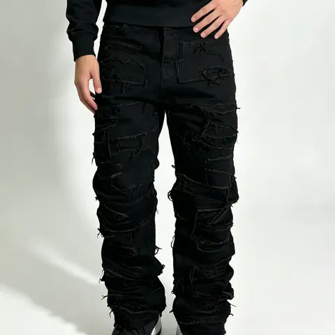 SRETOUU Men's Black Heavy Frayed Stacked Distressed Baggy Jeans, Menswear Hip Hop Ripped Wide Leg Denim Pants Loose Straight Jeans Streetwear