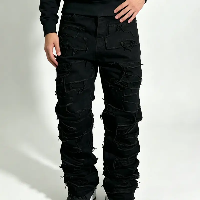SRETOUU Men's Black Heavy Frayed Stacked Distressed Baggy Jeans, Menswear Hip Hop Ripped Wide Leg Denim Pants Loose Straight Jeans Streetwear