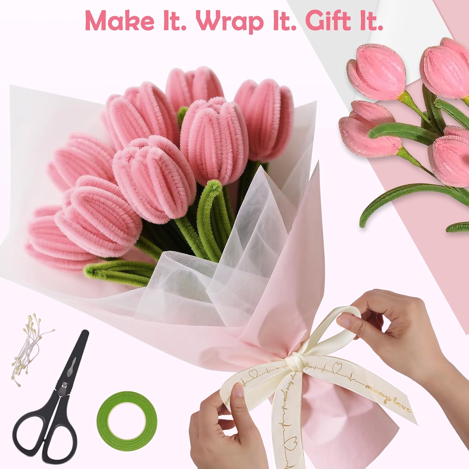 500PCS Fabric And Plastic in Various Colors, Complete DIY Bouquet Set,Decor Pearls,Flower Stems,Fuzzy Sticks,Making It Perfect for Birthday Presents