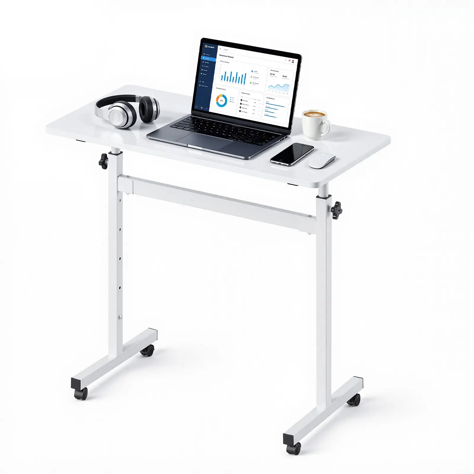 VEVOR Standing Desk, Adjustable Height Mobile Stand Up Desk with Lockable Casters, 32 x 16 in Small Computer Sit Stand Rolling Workstation with Hook, 55.1 lbs Desktop Capacity, for Home Office, White