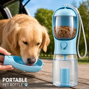 Dog 3-in-1 Water Bottle - Portable Pet Travel Water Dispenser, Food Container, Poop Bag Holder for Daily Walks outside bowl dish raised cat