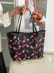 Valentine's Day Cherry Print Tote Bag, Cute Fruit Pattern Shoulder Bag, Large Capacity Women's Shopping Bag, Fashion PU Leather Handbag, Fashionable Patterned Bag, Perfect Gift for Her
