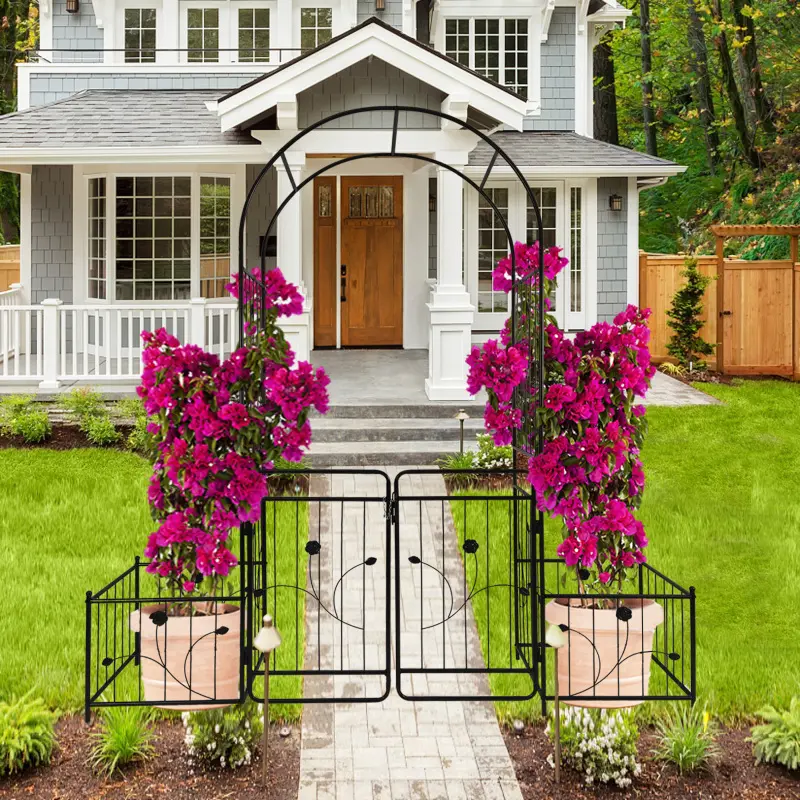 Sturdy Galvanized Iron Garden Arch Frame with Double Gates, 79.5'' Wide x 86.6'' High Arched Top, Outdoor Black Climbing Plant Support for Roses, Arch Frame Gates