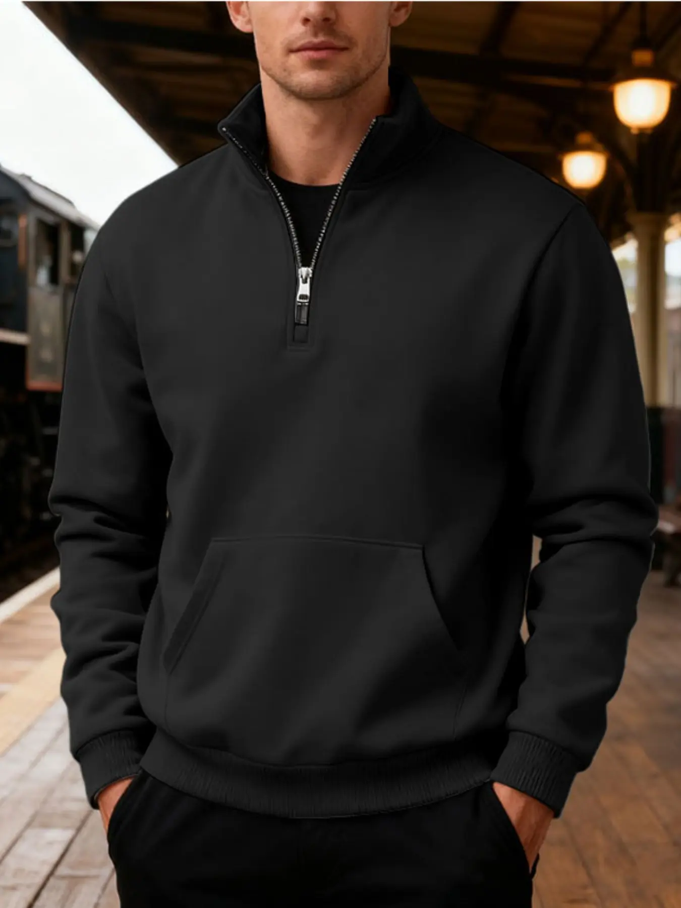 Men's Spring Fall Heavyweight Fleece Quarter Zip Sweatshirt, Casual Loose Fit Long Sleeve Plain Design with Large Pockets, Half Zip Sweatshirts, Tops