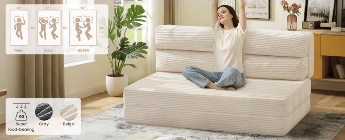 WINZOO Beige Convertible Futon Sofa Bed, Corduroy Fabric High-Density Foam Loveseat, Multifunctional Foldable Design for Living Room & Bedroom Reading Relaxation