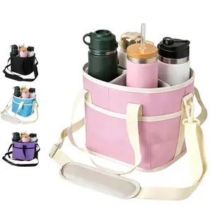 4-Cup Insulated Drink Carrier Bag, Adjustable Shoulder Strap Large Family Tumbler Caddy, Leak-Proof Hands-Free Holder for Stanley YETI Tumblers, Perfect for Walking, Camping, Beach, Picnic, Travel & Daily Errands, Ideal Gift for Parents & Active Families