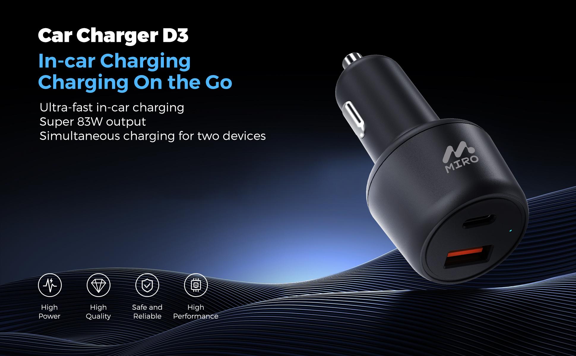 Miro D3 Car Charger 83W Dual-Port Fast Charging 65W PD 18W QC3.0 Safe Compact USB-C & USB-A Ports