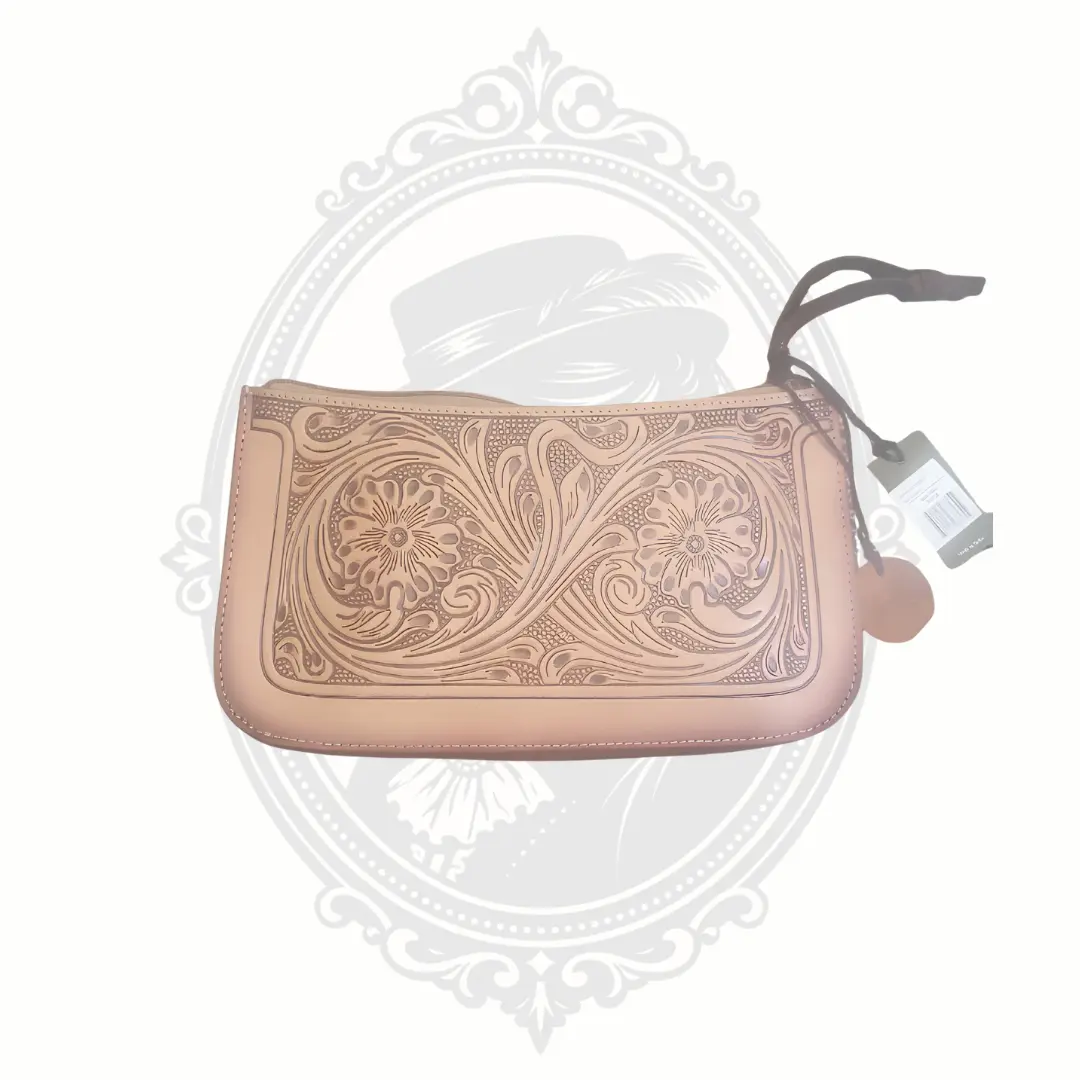 Myra Marquez Trail Wallet - Floral Hand-Tooled Leather Zip Wristlet Clutch, Brown, New With Tags, Women's Casual Clutch & Wristlet, Hand-Tooled Leather Design, Casual Women's Clutches & Wristlets