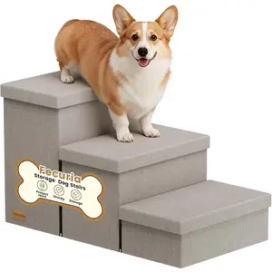 3-Step Wide Dog Stairs with Hidden Storage 18" H, Non-Slip Dog Steps for High Bed Couch Window Car, Jiont-Friendly Pet Stairs Ramp for Small/Medium/Large O