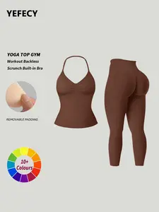 Women's Sporty Yoga Set, Halter Neck Sports Bra Tank Top + High Waist Tight Pants, Removable Padding, Ideal for Yoga, Fitness, Running, Stretchy Suit Set, Workout Sets