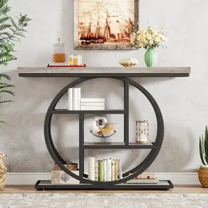 Tribesigns 41.3" Industrial Console Table: 4-tier Entryway Table with Circle Base, Narrow Accent Tables with Storage Shelves, Rustic Gray