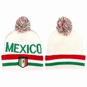 Mexico Beanie Hat with Pom Pom - White Red Green Stripes and Mexico Patch - Perfect for Winter Wear