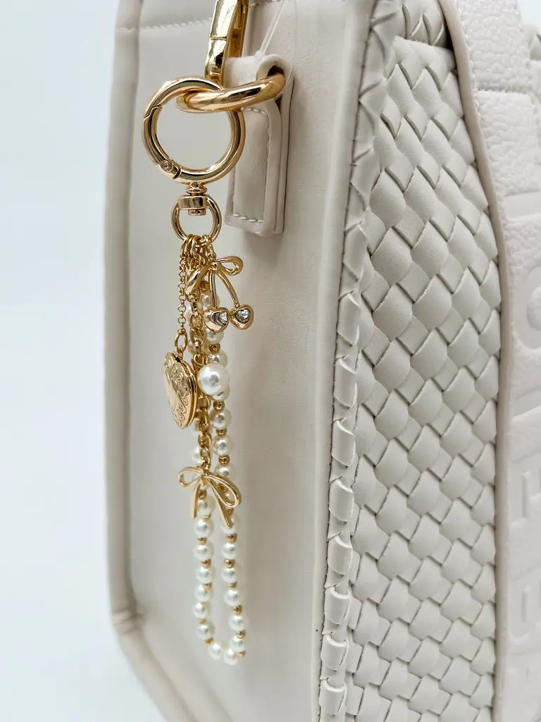 Women's Gold-Tone Metal Dangle Bag Charm, 5.25 Inches, featuring Heart Locket, Pearl, Bow, and Cherry Cluster for Adults, Lead