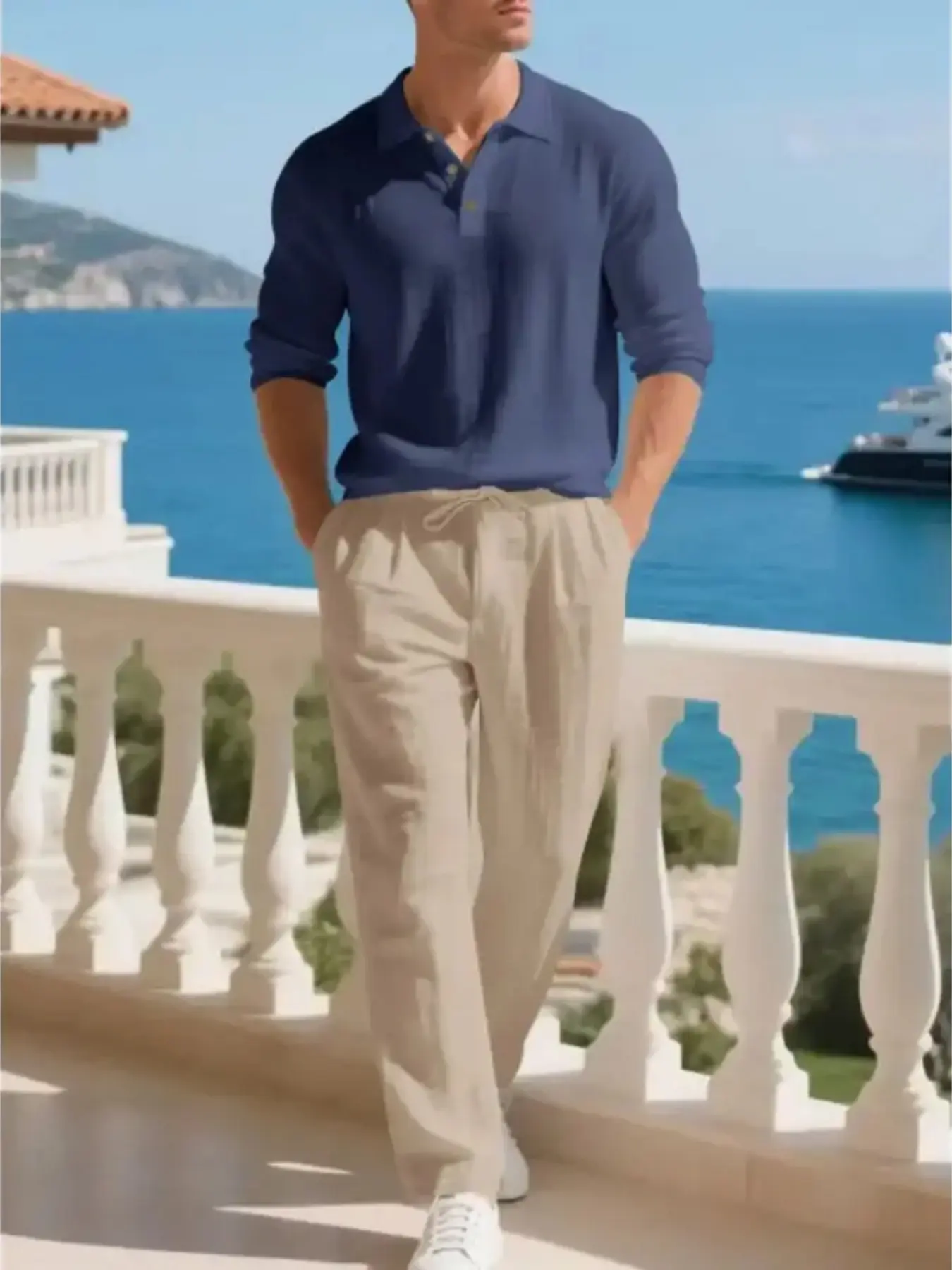 Summer men's Collared polo shirt and linen pants set, with old money aesthetic style, casual and elegant, breathable fabric, soft and comfortable to wear, suitable for outdoor beach vacations and home use, Top trousers set