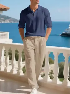 Summer men's Collared polo shirt and linen pants set, with old money aesthetic style, casual and elegant, breathable fabric, soft and comfortable to wear, suitable for outdoor beach vacations and home use.