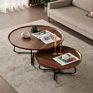 Round Nesting Coffee Table Set of 2 Mid Century Modern Fluted Design Coffee Tables for Reception Area Bedroom Office Balcony Yard 28"+20" Round Walnut