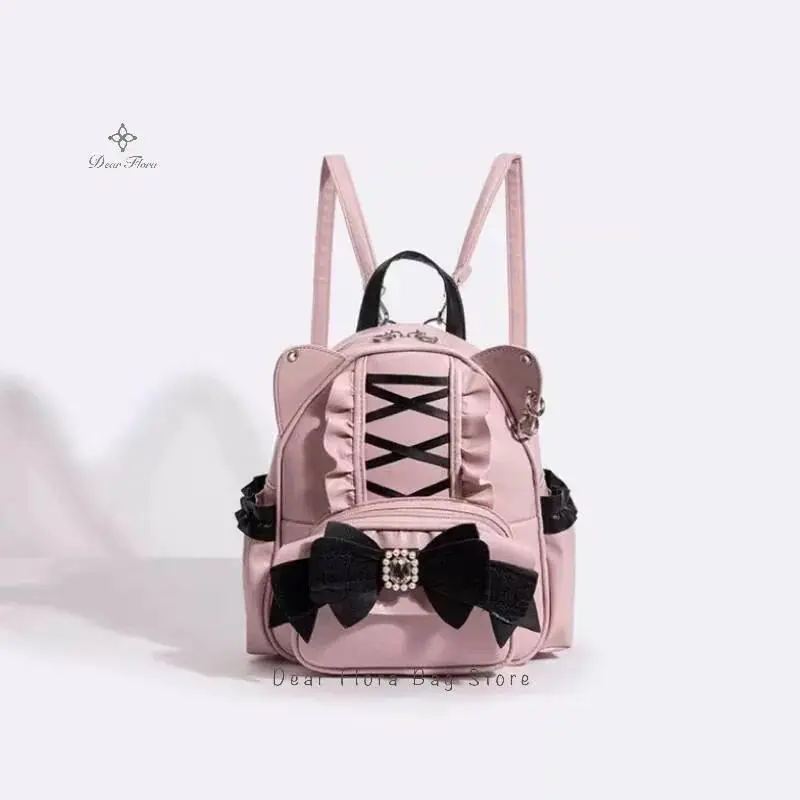 New Fashion Cute Cat Ear Backpacks Sweet Women Lace Bow Decoration Y2K Punk Knapsack Lolita Girls Large Capacity School Rucksack