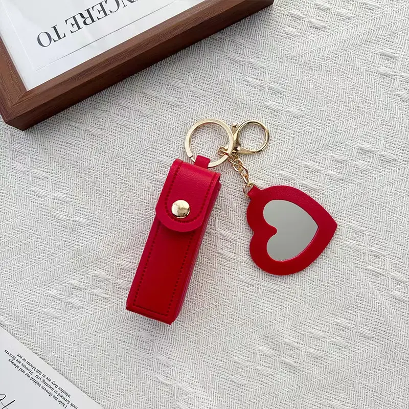 Lipstick Bag Keychain, Mini PU Leather Lip Gloss Pouch With Heart Mirror, Portable Cosmetic Holder Bag Charm For Women