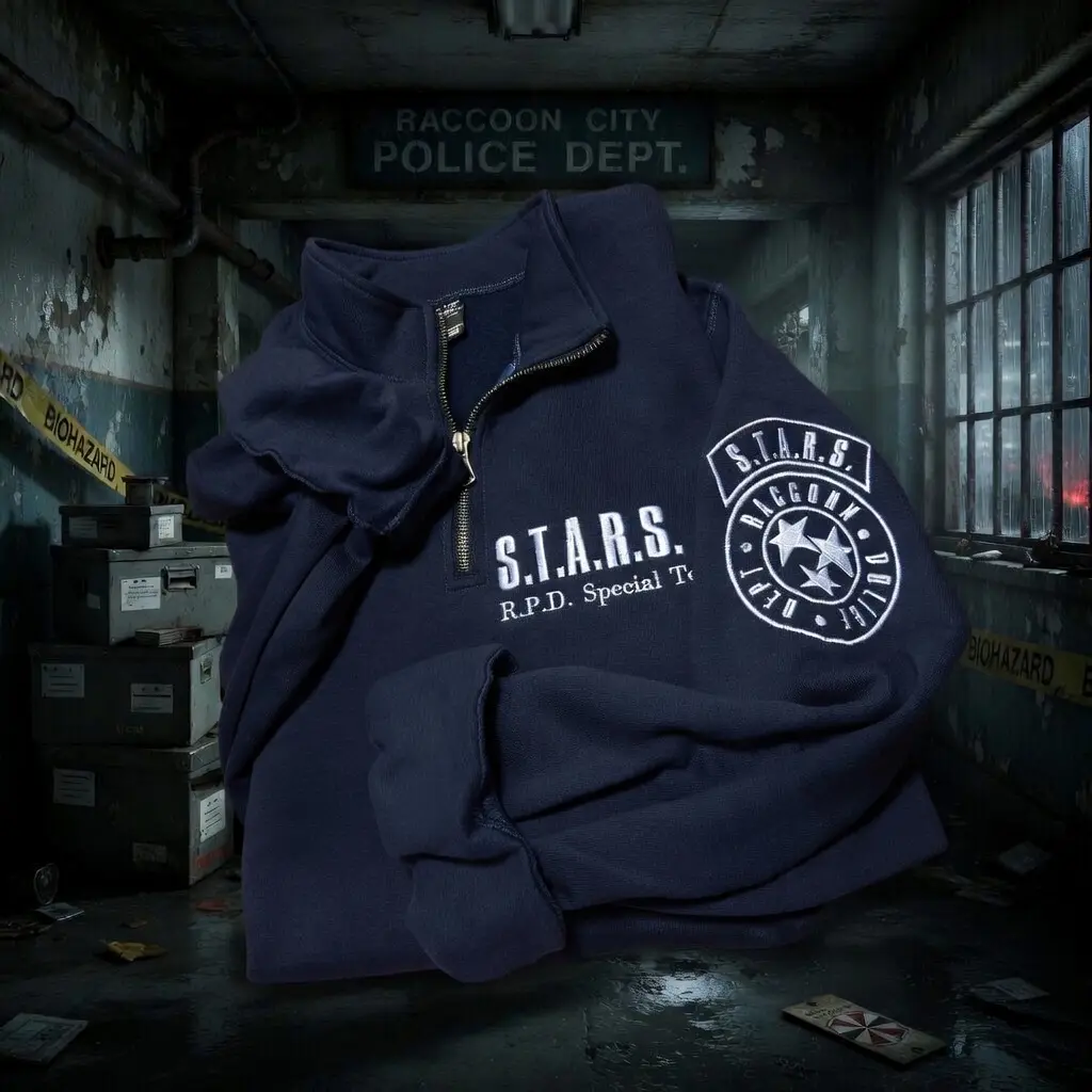 Women's Resident Evil STARS R.P.D Special Team Embroidered Zip Quarter Hoodie Sweatshirt - Fitted, Plus Size, Umbrella Corporation Casual Longsleeves Top, Leon Kennedy Horror Game Merch, Gamer Gift