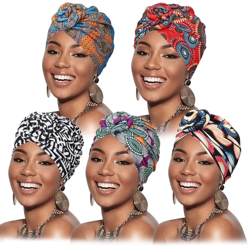 5 Pack Knotted Headwraps for Women African Turban Pre-Knotted Beanie Headwraps Hair Covers scarf