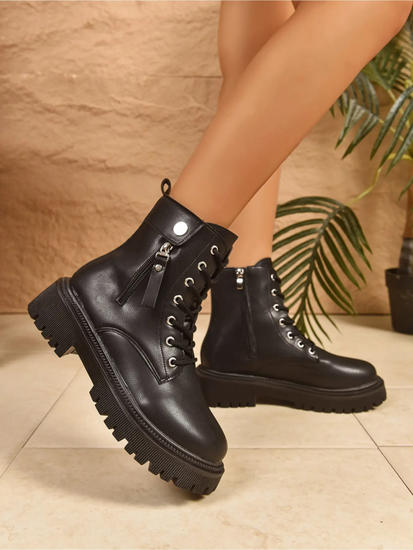 Women's Side Zip Combat Boots, Lace-Up Platform Chunky Ankle BootsWomen's Side Zip Combat Boots, Lace-Up Platform Chunky Boots