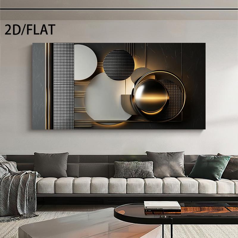 Wooden Framed Canvas Painting Wall Art2D flat wooden frame modern abstract geometric canvas wall decoration, dark spray-painted texture combined with metal rings, suitable for living room, bedroom, office decoration Wrapped in canvas Artistic Print