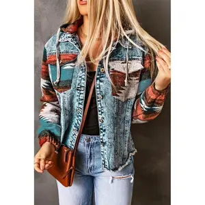 Women’s Western-Style Denim Hooded Jacket with Multicolor Print and Frayed Hem