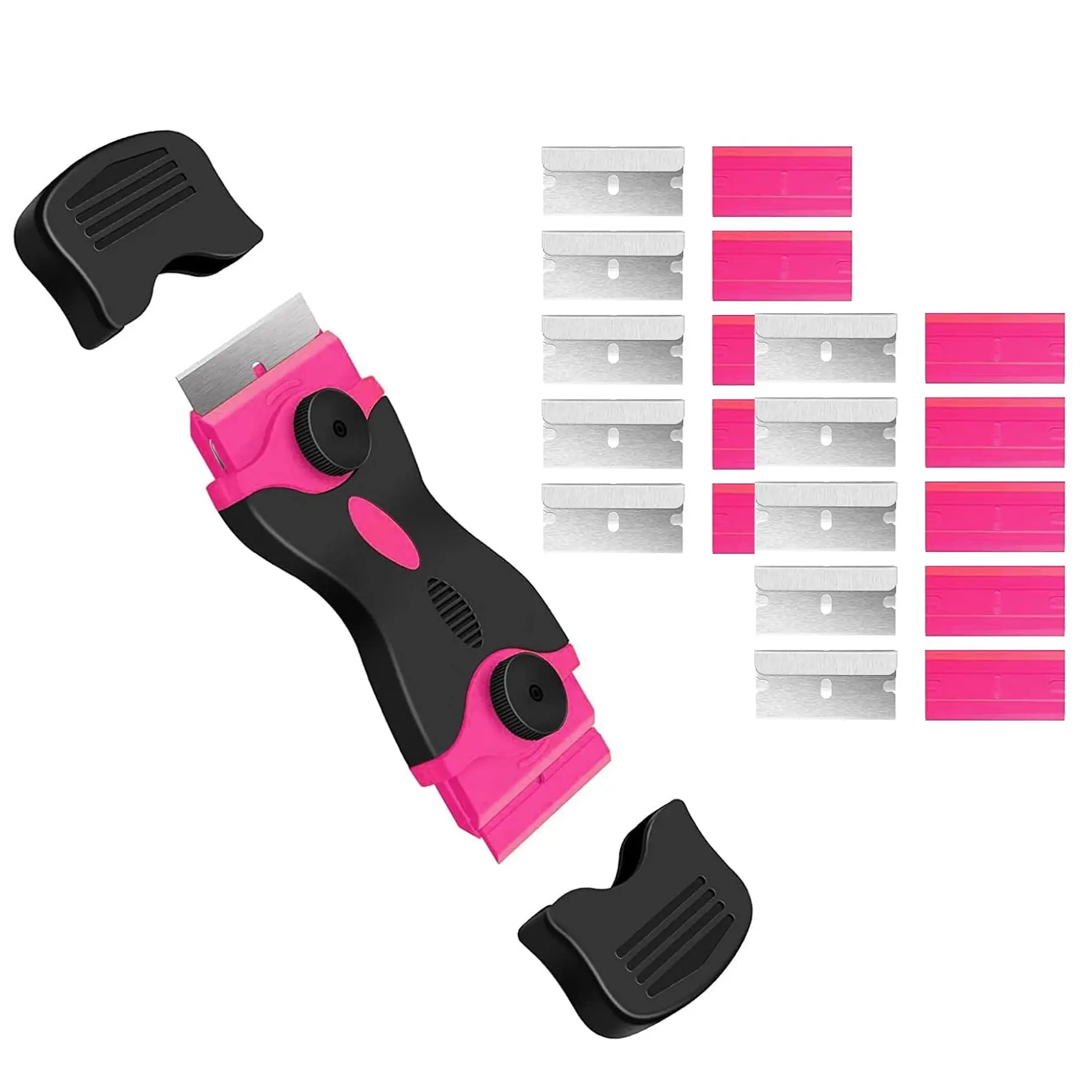 Razor Blade Scraper, Double Edge Razor Blade Scraper Tool with 10 Replacement Blades, Paint Sticker Adhesive Remover for Glass, Tint, Decals, Labels, Caulk, Pink