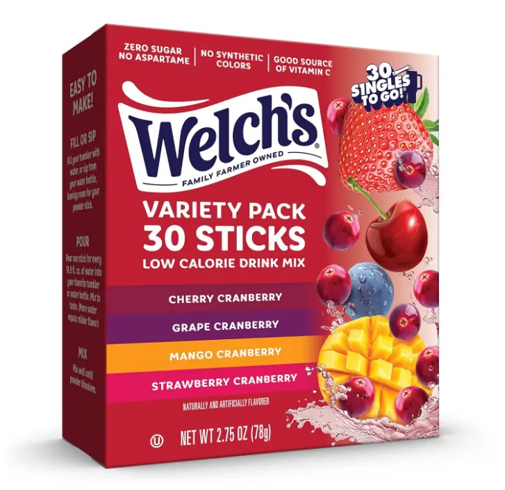 Welch’s Singles To Go! Cranberry Variety Pack Drink Mix, Sugar Free Water Flavor Packets, No Aspartame, No Artificial Dyes, Low Calorie, 4 Flavors (Grape, Mango, Strawberry, Cherry), 30 Sticks