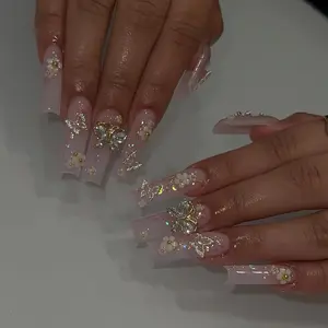 BABALAL Long Square Press on Nails - Pink Acrylic Glue on Nails with 3D Butterfly Flower Charms, Glitter Manicure Artificial False Nails for Women & Girls 24pcs