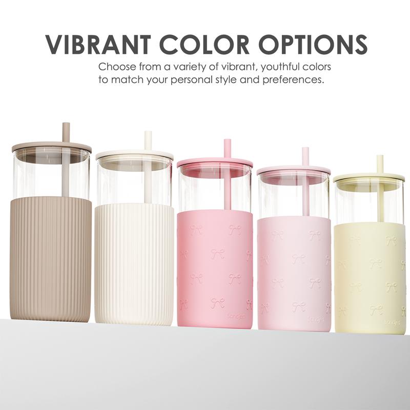 Sandjest Glass Tumbler 20oz with Straw and Lid, Glass Water Bottle with Silicone Sleeve, Smoothie Iced Coffee Cup Drinkware Home Office Christmas Gift