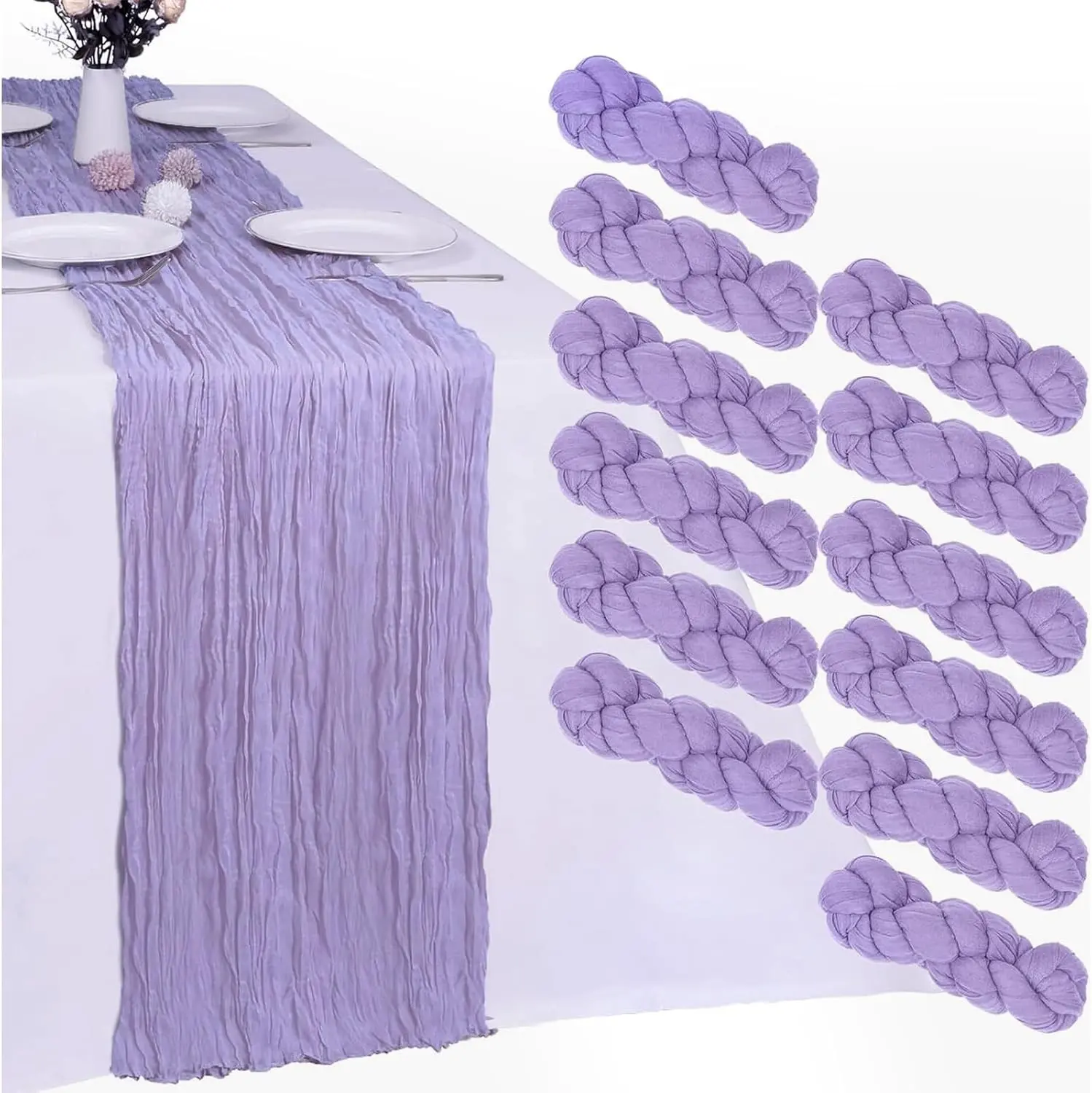12 Pack Lavender Purple Cheesecloth Table Runner 10FT Boho Gauze Fabric Purple Table Runner 35 x 120 Inch Rustic Sheer for Summer Holiday Wedding Decor Baby Shower Party