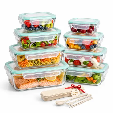 AISOON 8-Pack Multi-Size Square & Rectangle Crystal-Clear Borosilicate Glass Base Container Food Storage, Leakproof Airtight Vent Hole Lids, Bonus Kitchen Camping Utensils, Microwave-Freezer-Dishwasher Safe for Fridge Organization, Meal Prep