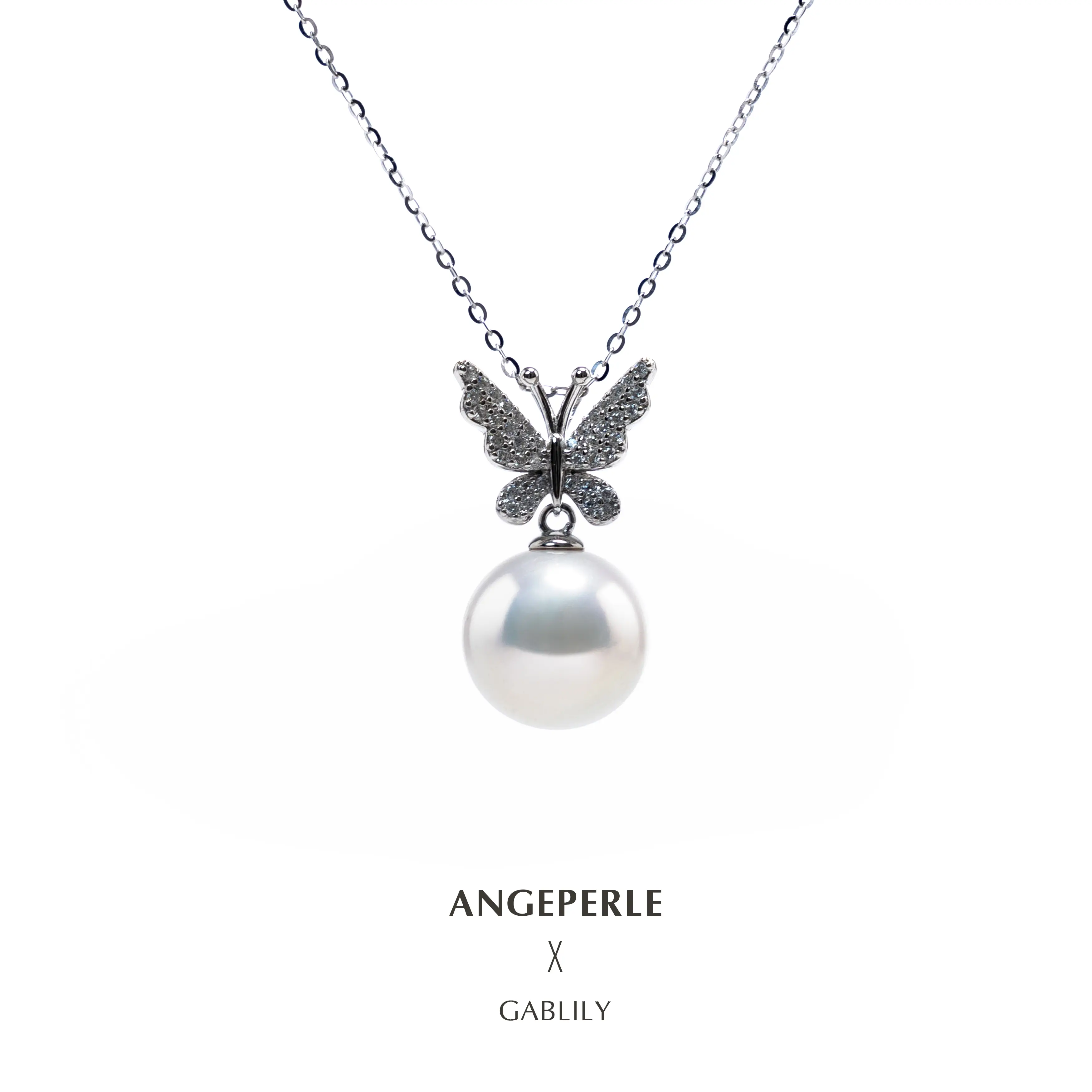 ANGEPERLE S925 Silver Freshwater Pearl and White Mother-of-Pearl Butterfly Pendant 12-13mm TSSLF31