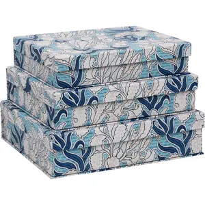 3-Piece Decorative Storage Boxes with Lids, Blue & White Art-Inspired Botanical Pattern, Sturdy Cardboard Keepsake Boxes, Stackable Memory Storage Boxes for Home Decor & Shelving