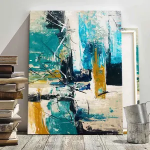 1Count Wooden Frame Canvas, Abstract Teal And Gold Paint Strokes, Exquisite Poster, Fashion Living Room Decoration, Modern Art, Bedroom Poster, High Definition Home Poster,  Ideal Gift, Waterproof, Printing, Art