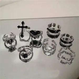 8x Goth Emo Punk Rave One Size Adjustable Ring Set