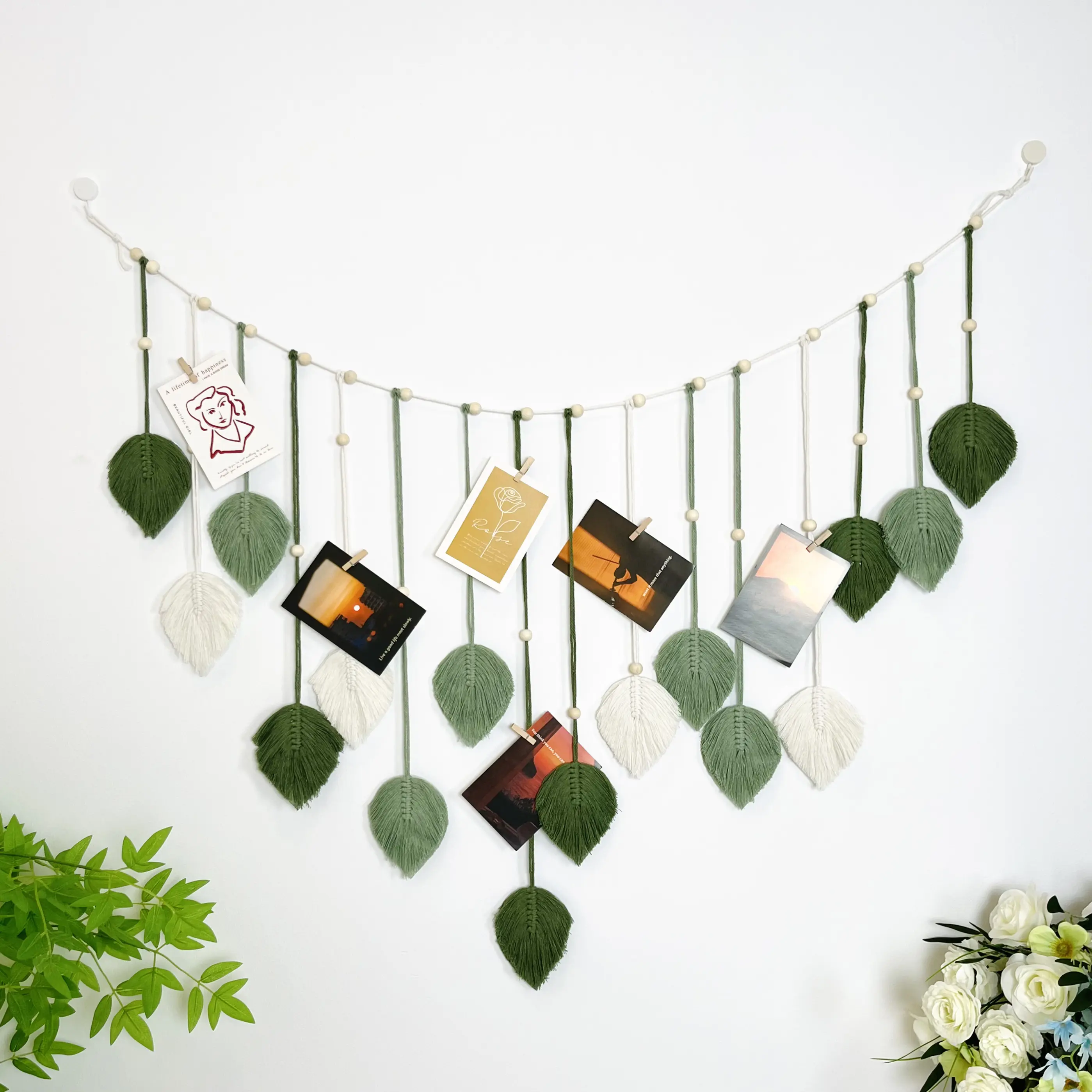 Large Macrame Wall Hanging Boho Handmade Woven Tapestry with Wood Beads Beige Green Chic Leaf Feather Boho Wall Art Decor Macrame Tapestry Wall Decor for Bedroom Living Room Nursery Apartment with 10 Wooden Clips