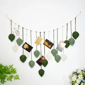Large Macrame Wall Hanging Boho Handmade Woven Tapestry with Wood Beads Beige Green Chic Leaf Feather Boho Wall Art Decor Macrame Tapestry Wall Decor for Bedroom Living Room Nursery Apartment with 10 Wooden Clips