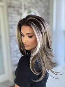 Carkira Sally 13x4 Lace Front Wig Pastel Brown Wigs Highlight Blonde Layered Style with Curtain Bangs Synthetic Finer Ombre Color Hair 16Inch Pre Plucked Natural Hairline for Women Girls